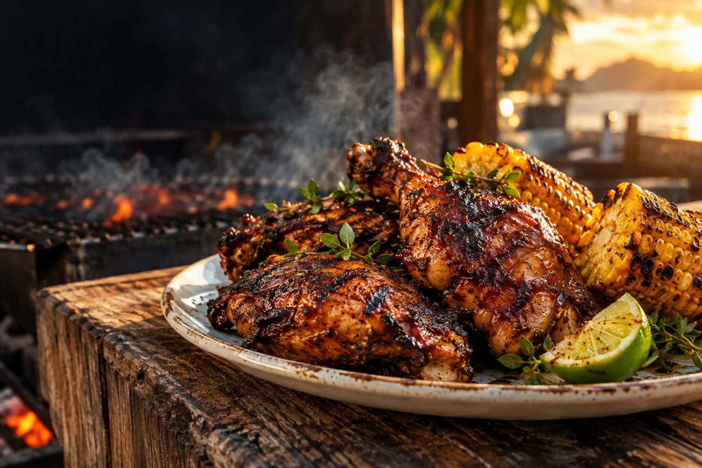 Illustrative Caribbean-style grilled chicken with roasted corn and lime